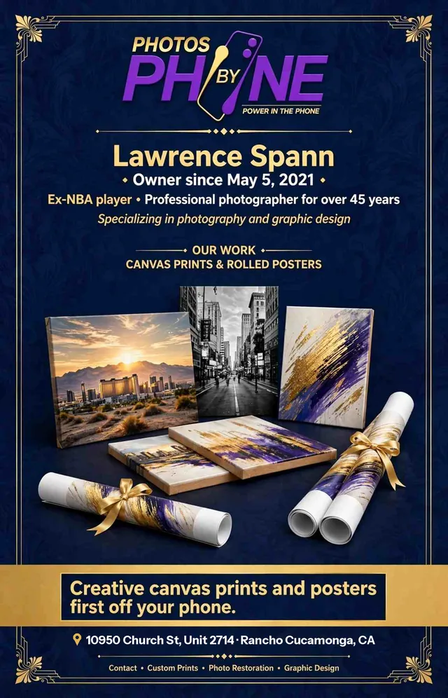 Lawrence Spann flyer showing canvas prints and rolled posters, noting he has owned Photos By Phone since May 5, 2021, with the Rancho Cucamonga address