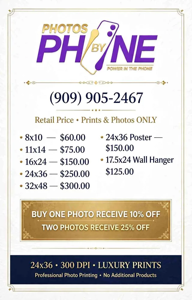 Photos By Phone retail price list for prints and photos with sizes from 8×10 to 32×48, a poster and a wall hanger, plus multi-photo discounts